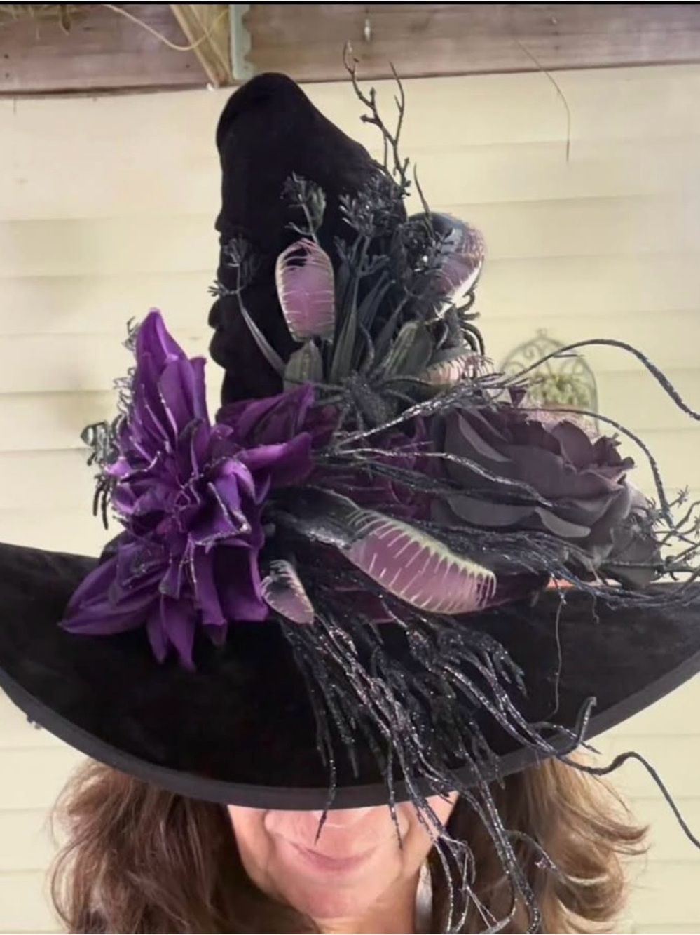 Custom made black Witch Hat with Purple Floral Trim